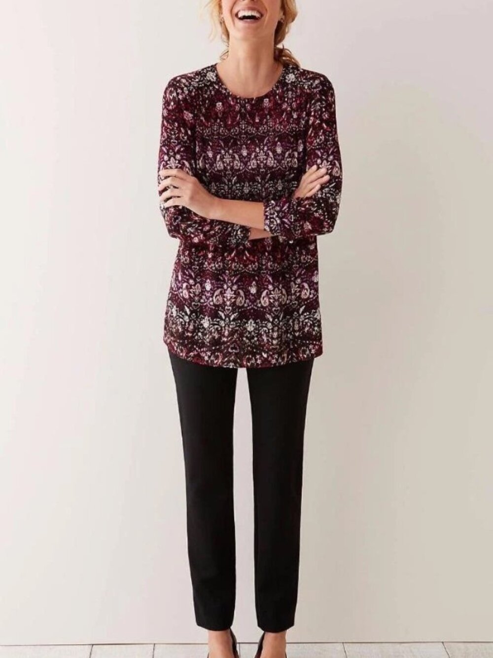 J. Jill Relaxed BoHo Tunic SZ XLT Purple Burgundy Peasant Blouse